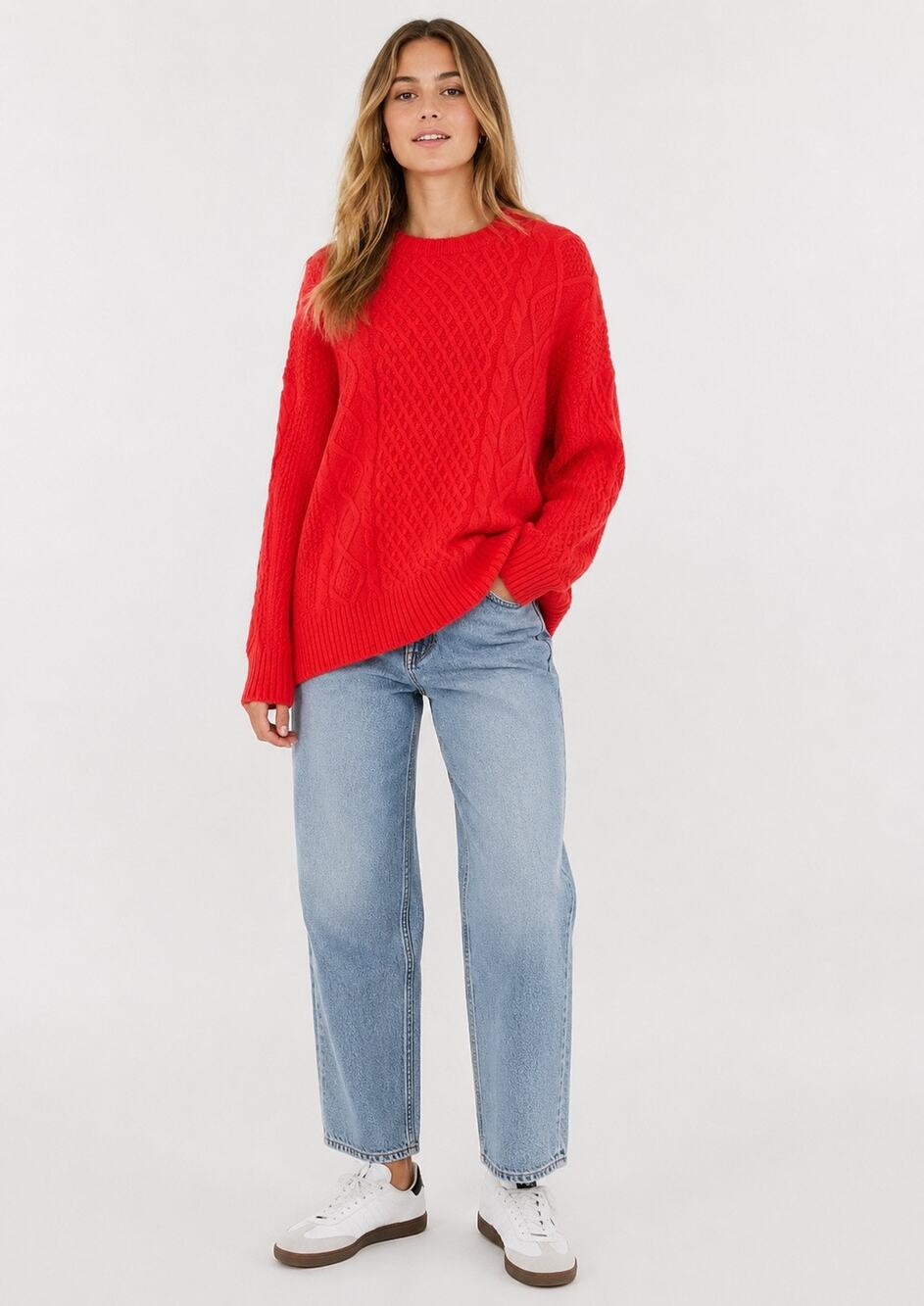 NWT American Eagle Red Cable Knit Sweater Large Oversized Chunky Crewneck